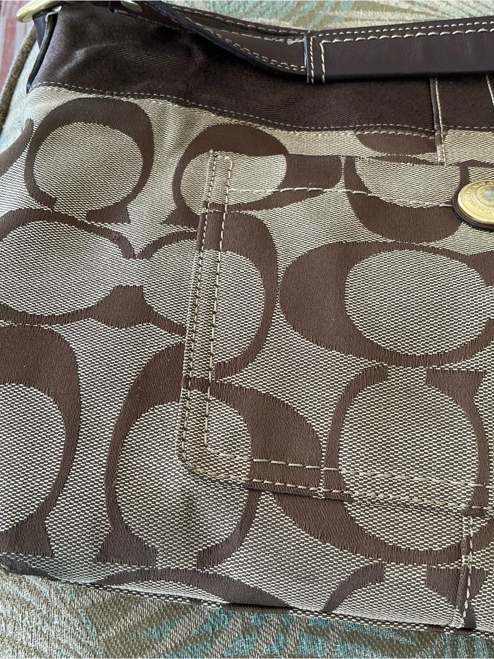 VTG Coach Signature Carly Hobo Bag Brown Khaki Canvas Leather Trim